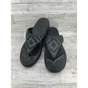 Crocs Womens Black‎ Embellished Rhinestone Wedge Flip Flops Sandals Size 10